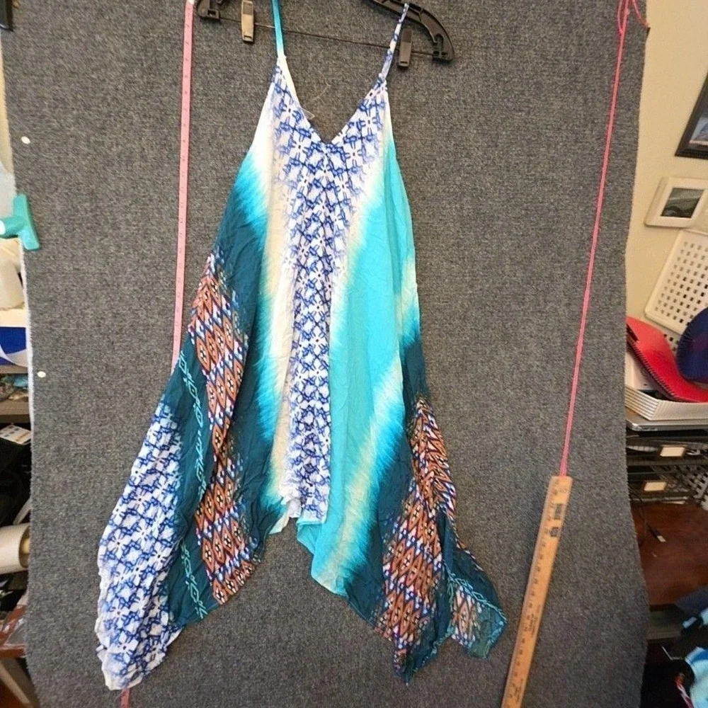 La Blanca Cover Up Womens L/XL Blue Tie Dye Hanky Hem Tank Dress Beach Boho